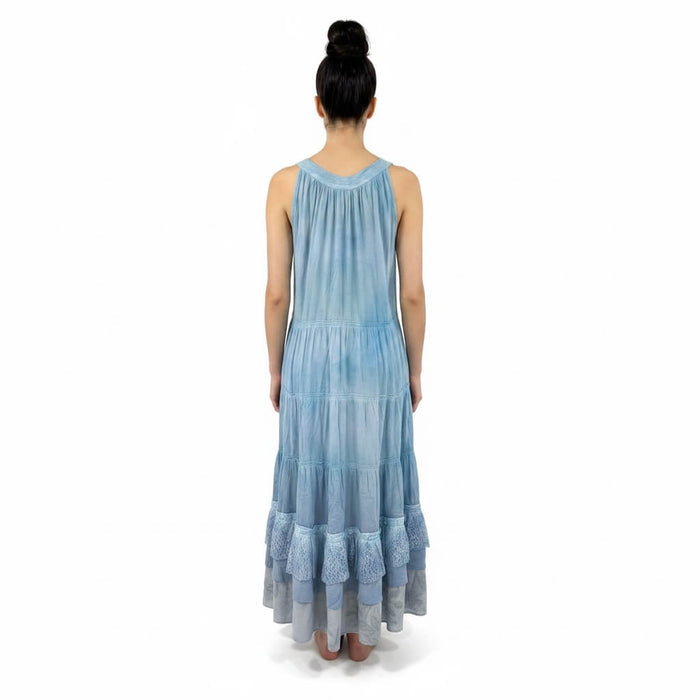 back view modeled white background Blue Sleeveless Tiered A-Line Maxi Dress with floral rosettes, crochet lace hem, and boho style / women's / large