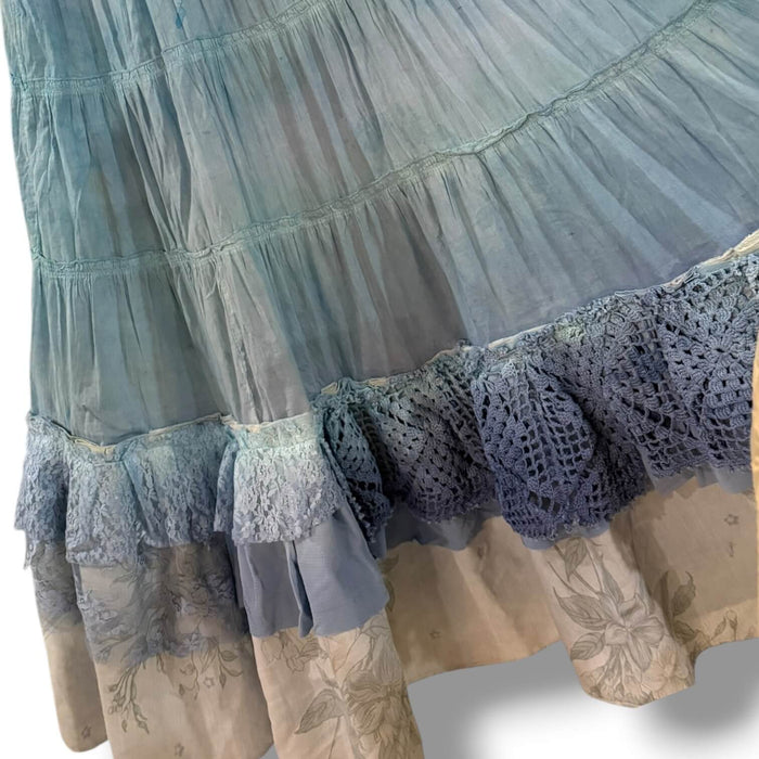 hemline spread out Blue Sleeveless Tiered A-Line Maxi Dress with floral rosettes, crochet lace hem, and boho style / women's / large