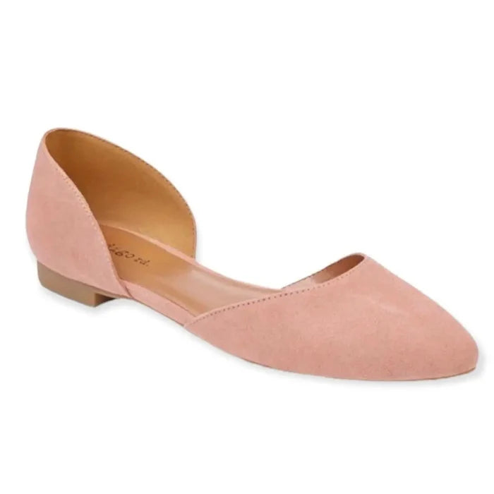 women's Blush Pink Faux Suede Pointed Toe Flats with split-vamp cutouts, pointed toe, and low block heel