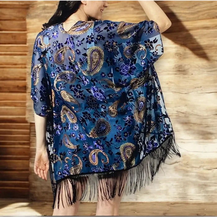 Bohemian Floral Paisley Kimono Jacket black,blue,gold with fringe hem and open front regular to plus size