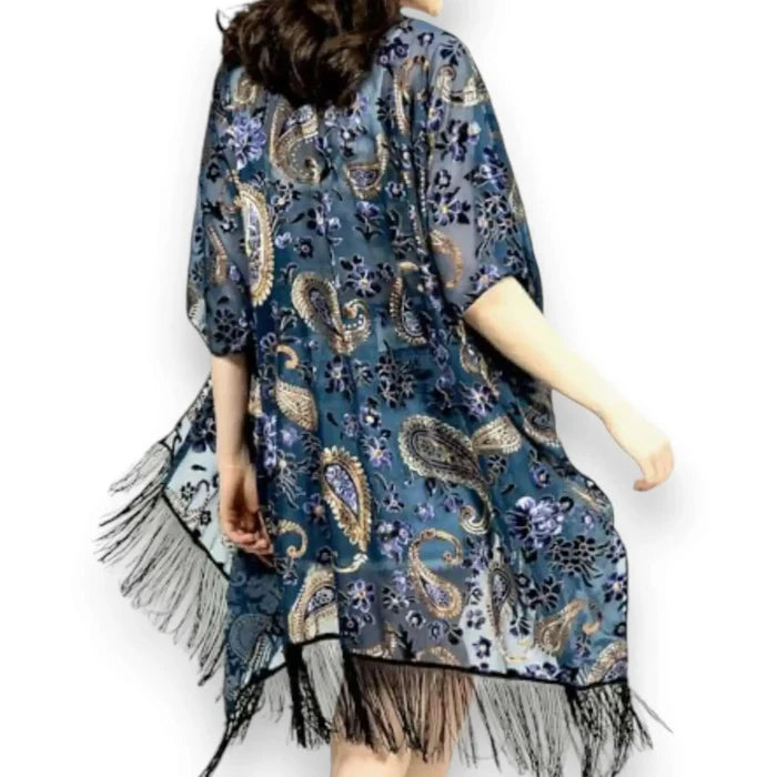 Bohemian Floral Paisley Kimono Jacket black,blue,gold with fringe hem and open front regular to plus size