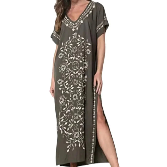 boho beach kaftan dress cover up moss green embroidery full frontal