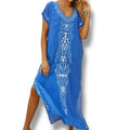 boho beach kaftan dress cover up ocean blue embroidery frontal