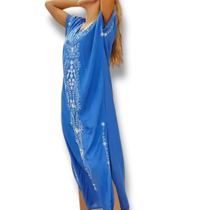 boho beach kaftan dress cover up ocean blue embroidery side view