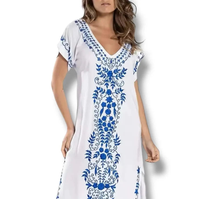 boho beach kaftan dress cover up white embroidery front