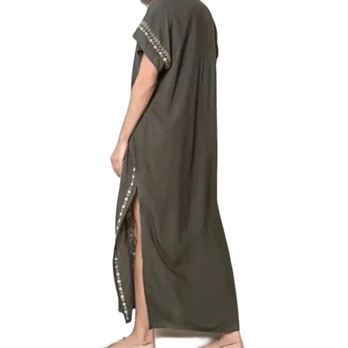 boho beach kaftan dress cover up moss green embroidery backside