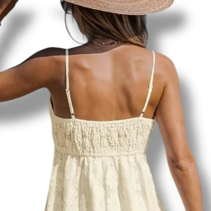 Sleeveless fit and flare beige lace dress with smocked back panel
