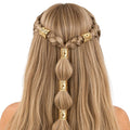 woman wearing Five boho gold starburst hair cuffs for braids, twists, faux locs, and dreadlocks