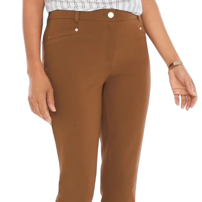 Boho brown mid rise tapered ankle pants with hidden fit tummy control, front and back pockets, and slimming silhouette — perfect for western and boho style.