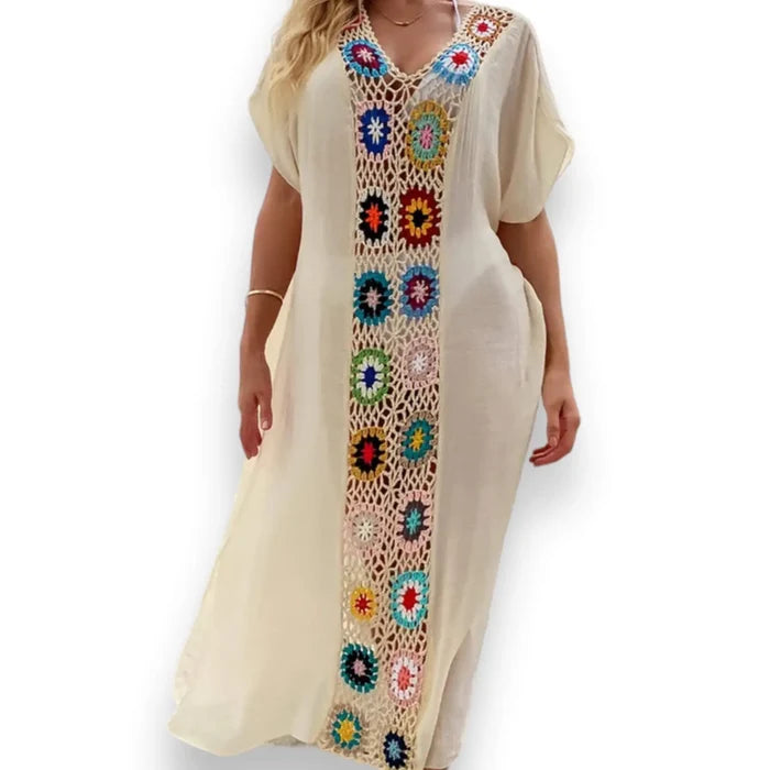 Boho Cotton Crochet Maxi Kaftan Dress beige colorful granny-square crochet panels, V-neck and side slits