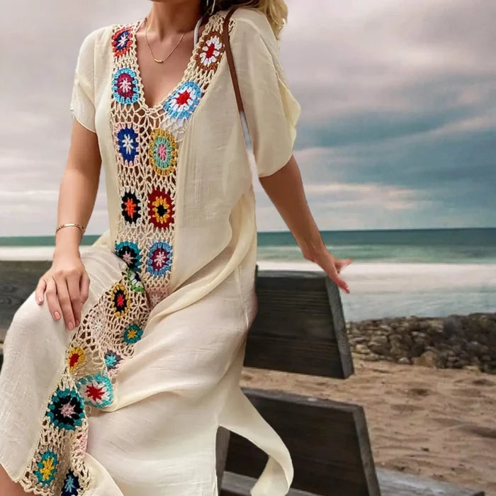 Boho Cotton Crochet Maxi Kaftan Dress beige colorful granny-square crochet panels, V-neck and side slits