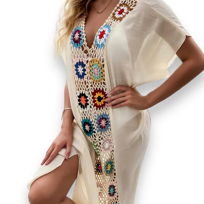 Boho Cotton Crochet Maxi Kaftan Dress beige colorful granny-square crochet panels, V-neck and side slits