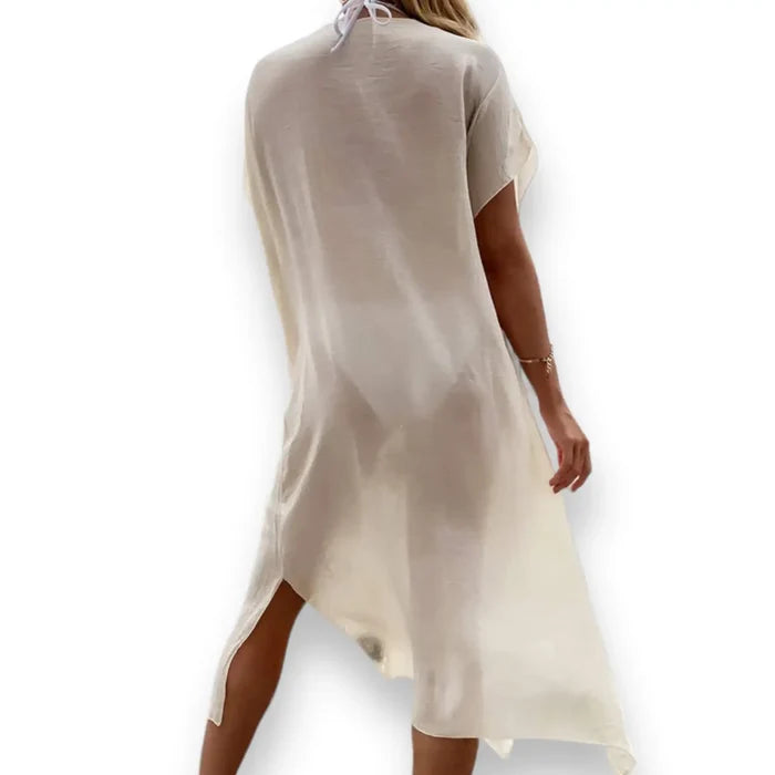 Boho Cotton Crochet Maxi Kaftan Dress beige colorful granny-square crochet panels, V-neck and side slits