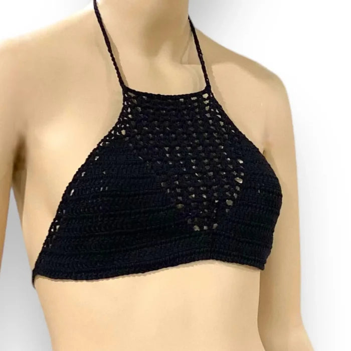 Boho Crochet Bikini Crop Top on a mannequin showcasing its handmade black crochet design and adjustable neck straps.