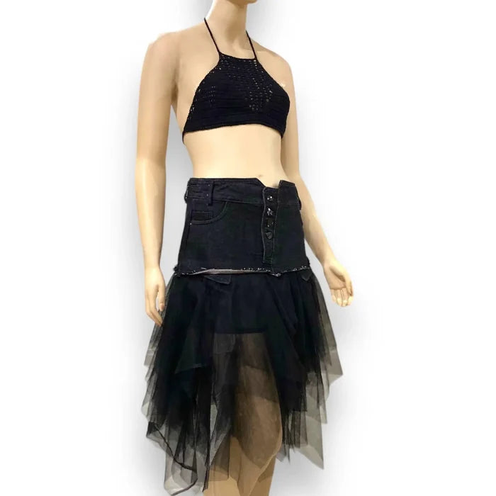 Model wearing a black Boho Crochet Bikini Crop Top paired with a black tulle skirt.