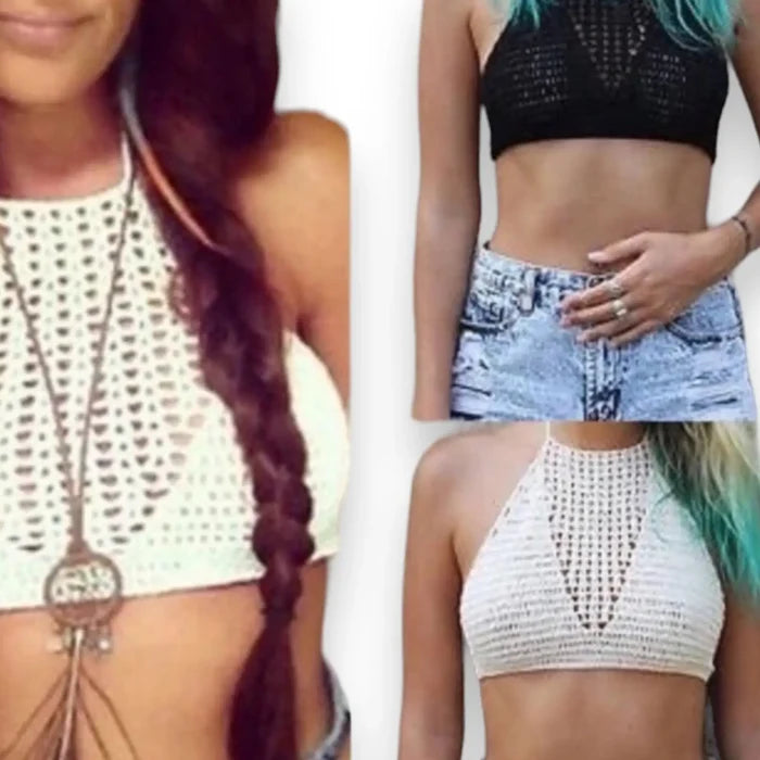 Boho Crochet Bikini Crop Top featuring black and white designs, perfect for summer fashion and festivals.