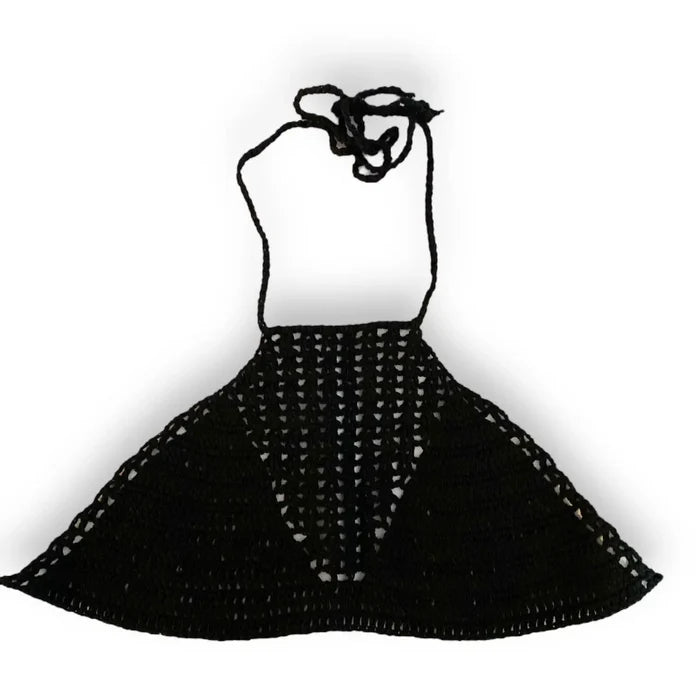 Boho Crochet Bikini Crop Top in black, featuring adjustable straps and a unique crochet design, perfect for summer style.