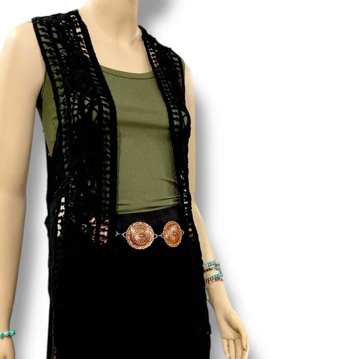 Boho Draped Cardigan Crochet Vest Black Open Front Open Stitch