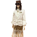 Women’s Ivory Bold Brown Stitched Button Down Multi Pockets Jacket Lace Tiered Festival Duster Jacket -Size XL - Wild Time Fashion