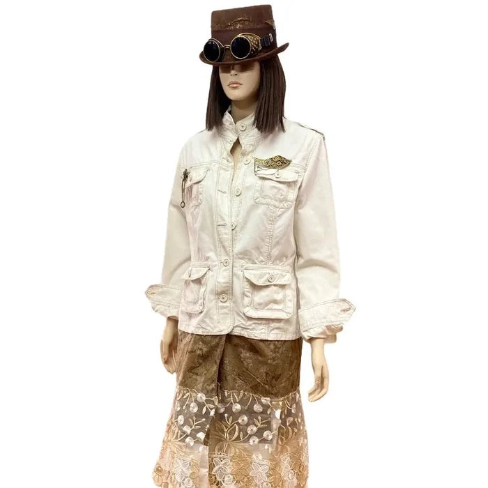 Women’s Ivory Bold Brown Stitched Button Down Multi Pockets Jacket Lace Tiered Festival Duster Jacket -Size XL - Wild Time Fashion