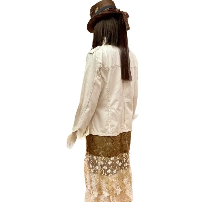 Women’s Ivory Bold Brown Stitched Button Down Multi Pockets Jacket Lace Tiered Festival Duster Jacket -Size XL