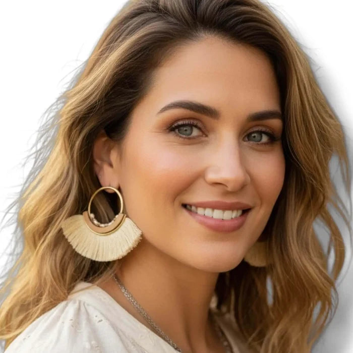 Boho Ivory Fringe Gold Hoop Post Earrings - Tassel Hoops faux leather gemstone