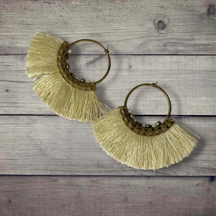 Boho Ivory Fringe Gold Hoop Post Earrings - Tassel Hoops faux leather gemstone backside