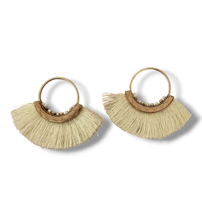 Boho Ivory Fringe Gold Hoop Post Earrings - Tassel Hoops faux leather gemstone