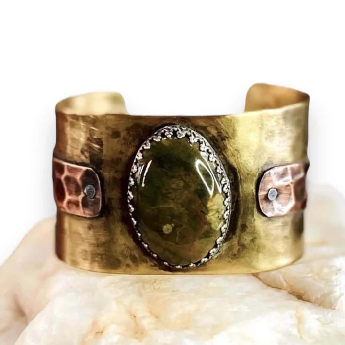 Boho Jasper Mixed Metal Cuff with oval unakite stone, sterling bezel, and matte copper wide cuff design