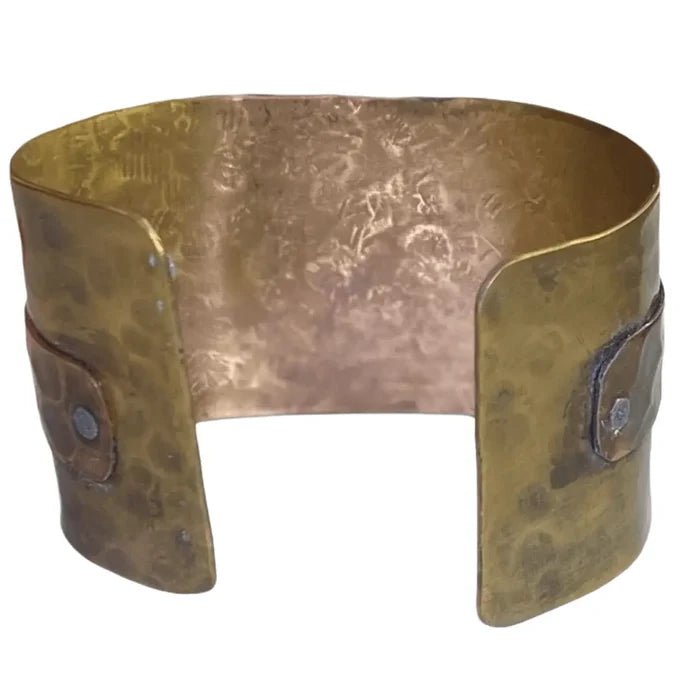 Boho Jasper Mixed Metal Cuff with oval unakite stone, sterling bezel, and matte copper wide cuff design