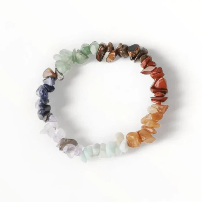 boho chakra stone chip bangle with seven colorful gemstones