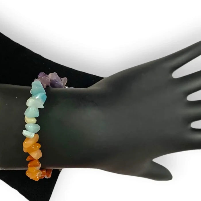 elastic chakra bracelet stacked with beaded bangles