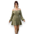 Boho Olive Green Tiered Off-Shoulder Shift Mini Dress with crochet panels, tassel tie, and long peasant sleeves model/small