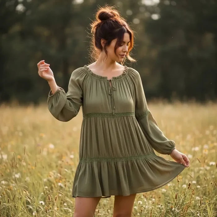 Boho Olive Green Tiered Off-Shoulder Shift Mini Dress with crochet panels, tassel tie, and long peasant sleeves model/small