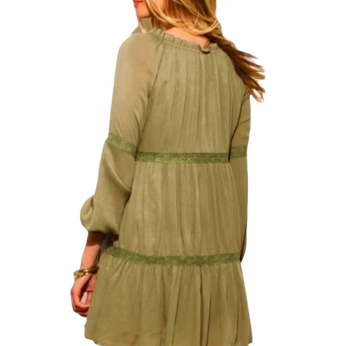 Boho Olive Green Tiered Off-Shoulder Shift Mini Dress with crochet panels, tassel tie, and long peasant sleeves model/small