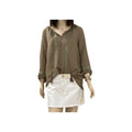 Boho olive green tunic top with embroidered panels, tassel tie keyhole, and elastic 3/4 sleeves, plus-size fit.