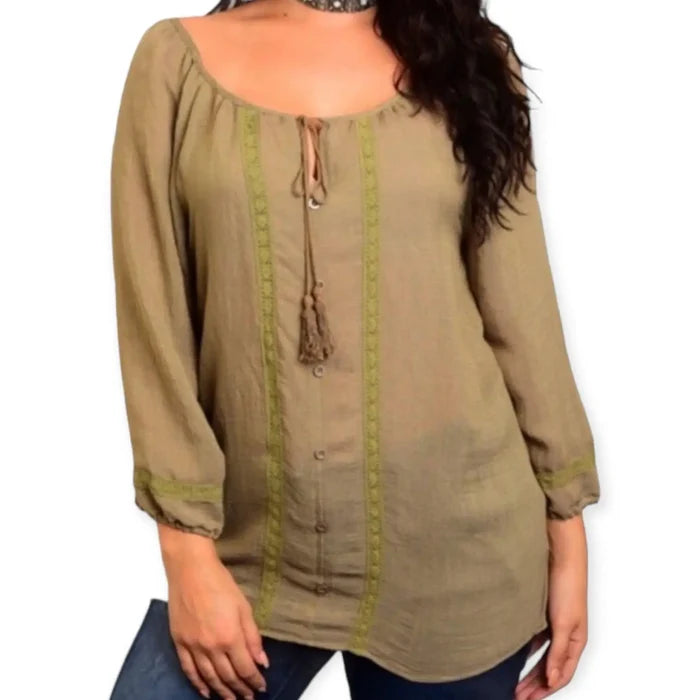 Boho olive green tunic top with embroidered panels, tassel tie keyhole, and elastic 3/4 sleeves, plus-size fit.