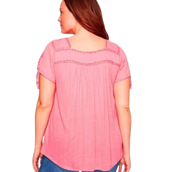 Boho Pink Embroidered Short Sleeve Tunic  square neckline tassel tie sleeve relax fit Lucky Brand Plus Size 2X