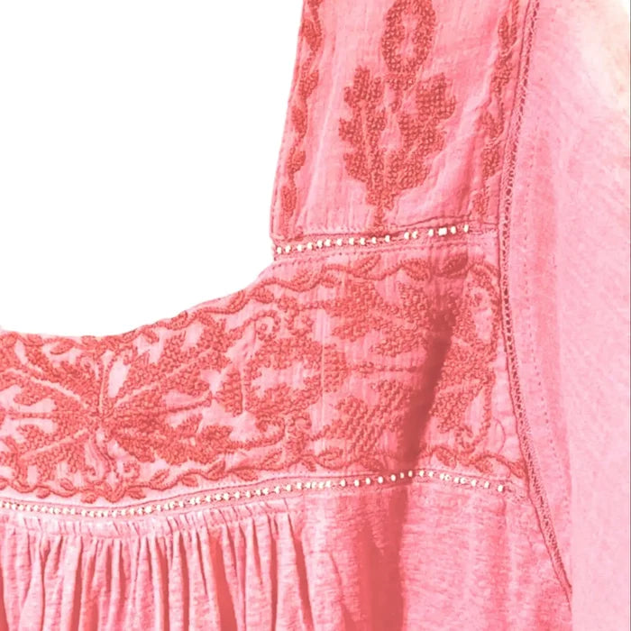 Boho Pink Embroidered Short Sleeve Tunic  square neckline tassel tie sleeve relax fit Lucky Brand Plus Size 2X