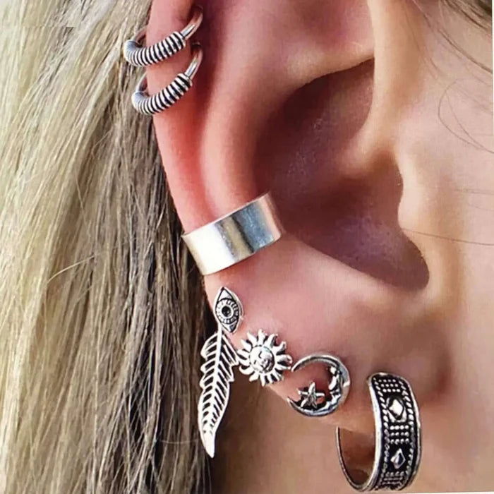 Boho Retro Earrings Ear Cuffs Set in antique silver with 7 pieces including moon, sun, eye, cuffs, feather