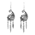 Boho Silver Rhinestone Feather Drop Earrings with floral crystals and tassel feathers osfm