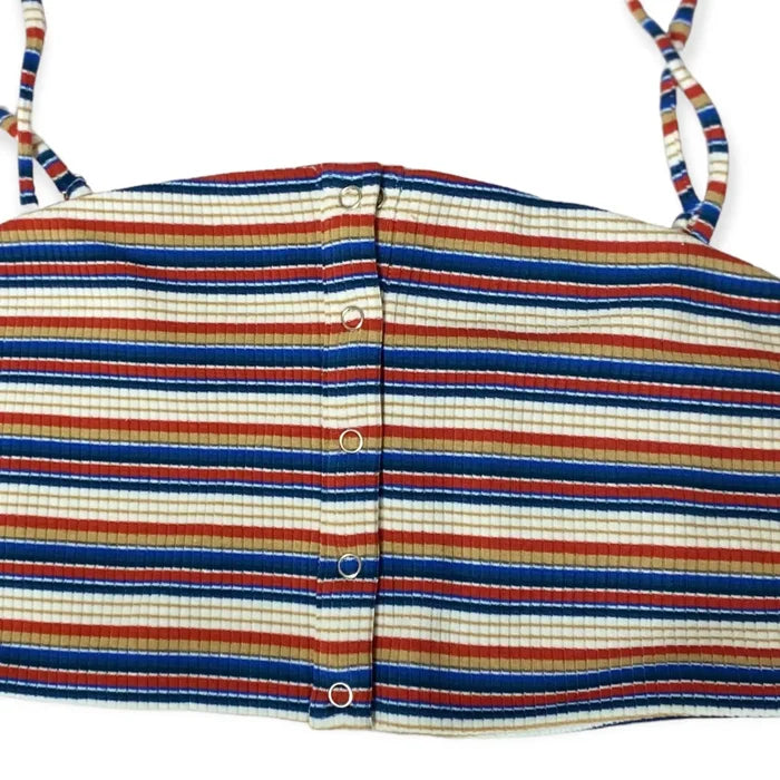 Women's Spaghetti Strap Striped Button Down Crop Top Large Privacy Please - Wild Time Fashion