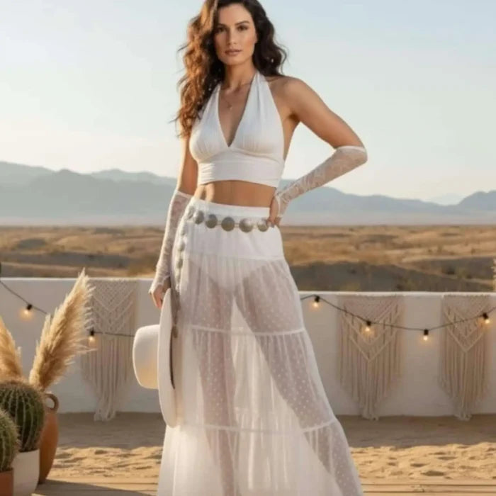 Boho Textured V Neck Crop Halter Top in black or white with plunging neckline and smocked waistband woman wearing desert wear