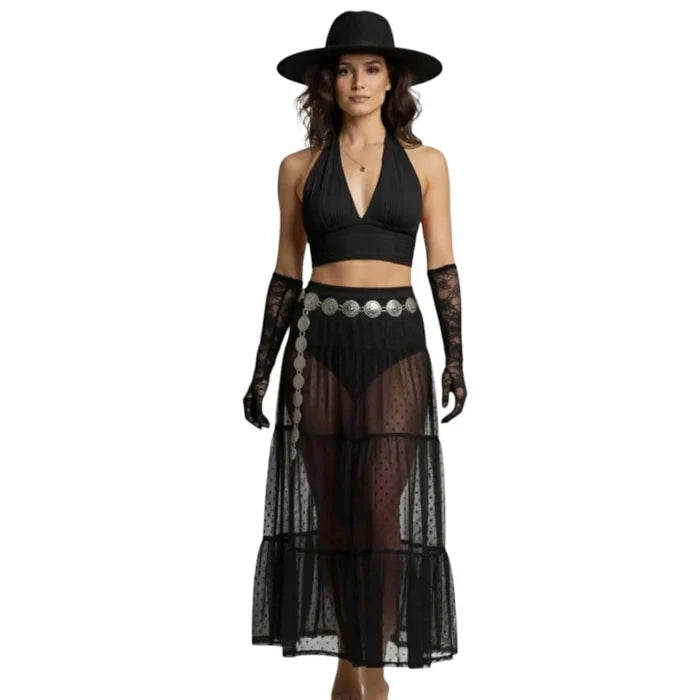 Boho Textured V Neck Crop Halter Top woman wearing black outfit