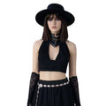 Boho Textured V Neck Crop Halter Top whimisgoth woman wearing black outfit