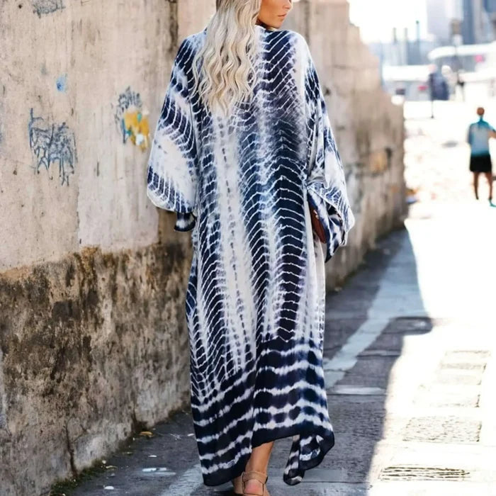 Boho tie dye cotton long kimono cover up with sash tie waist, blue and white colorway, long relaxed beach duster