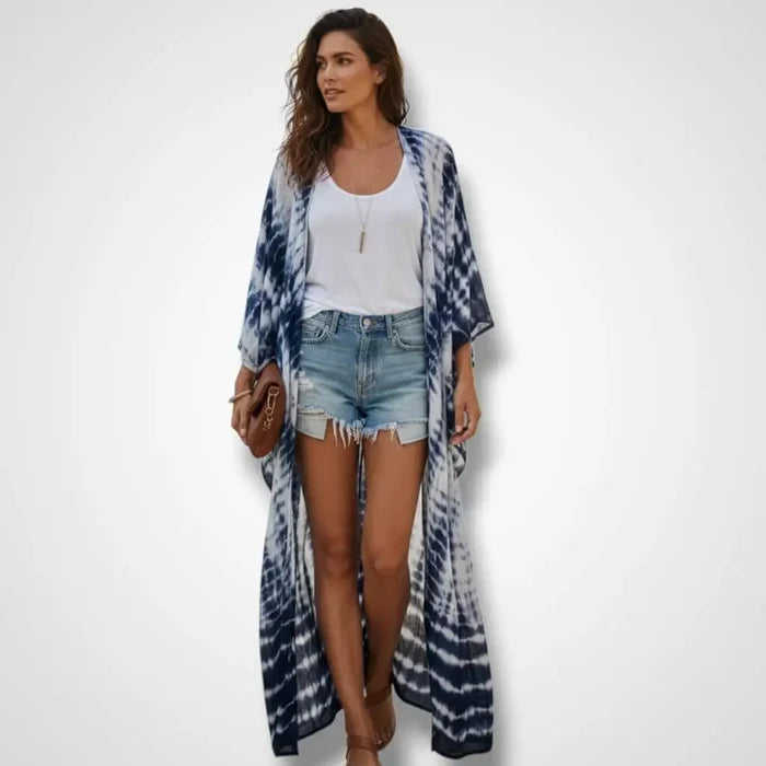 Boho Tie Dye Cotton Long Kimono Cover Up - Tie Dye Kimono Robe / One size / Navy Blue - Swimsuit Cover Ups