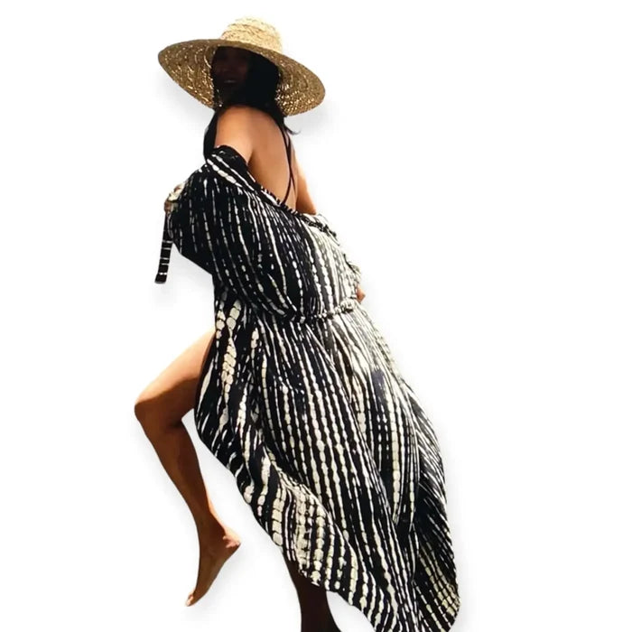 Boho tie dye cotton long kimono cover up with sash tie waist, black and white colorway, resort wear layer