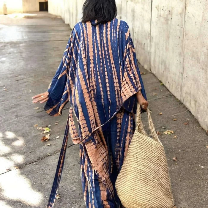 Boho tie dye cotton long kimono cover up with sash tie waist, orange and blue colorway, festival outfit layer