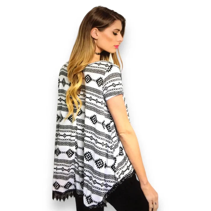Boho Tribal Short Sleeve Crochet Trim Top - Wild Time Fashion